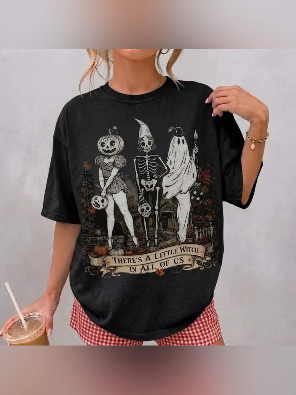 Halloween Spooky Babes Graphic Tee Retro Skeleton Pumpkin Ghost Shirt